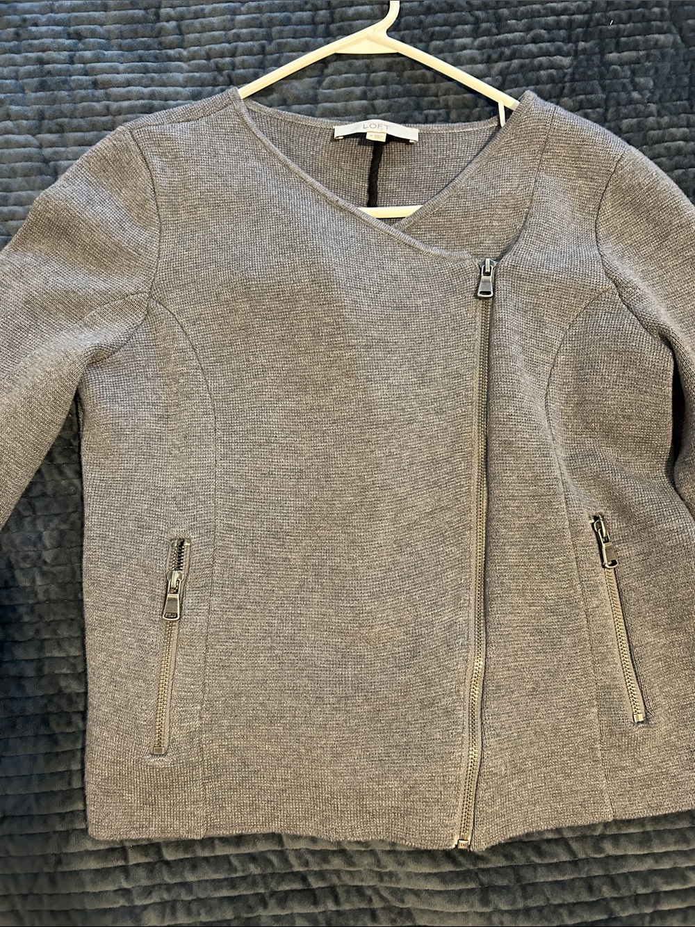 LOFT Gray Asymmetrical Zip Knit Cardigan